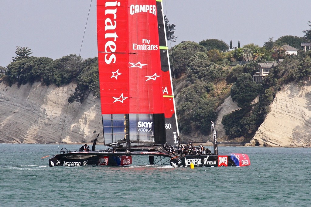 Emirates Team NZ ventures inside the 200 metre buoy line - AC72 Race Practice - Takapuna March 8, 2013 © Richard Gladwell www.photosport.co.nz